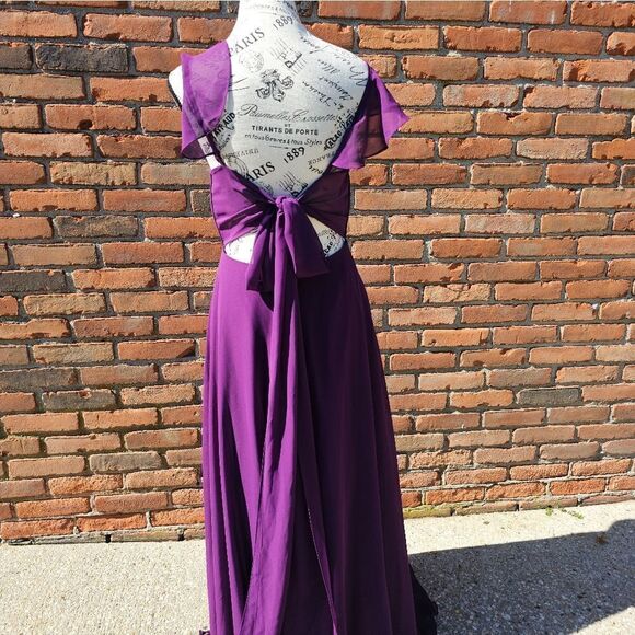 Azazie Ruffle Sleeve Burgandy Chiffon Floor Length Dress - Picture 13 of 16